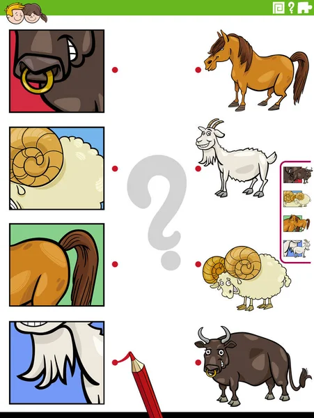 Desenhos Animados Ilustração Jogo Correspondência Educacional Com Personagens Animais Fazenda — Vetor de Stock