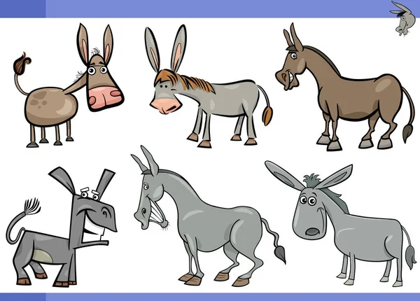 Tecknad Illustration Åsnor Husdjur Seriefigurer Set — Stock vektor