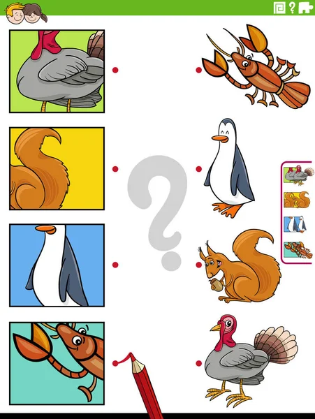 Hayvan Karakterleri Resim Küpürleriyle Eğitici Eşleştirme Oyununun Çizgi Film Çizimi — Stok Vektör