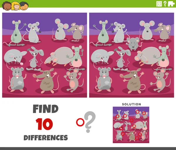 Cartoon Ilustrace Nalezení Rozdílů Mezi Obrázky Vzdělávací Hra Myší Zvířecí — Stockový vektor