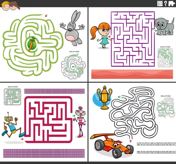 漫画のキャラクターで設定された教育迷路パズルゲームの漫画イラスト — ストックベクタ
