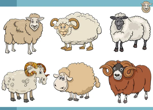 Kartun Ilustrasi Hewan Ternak Domba Karakter Komik Ditetapkan - Stok Vektor
