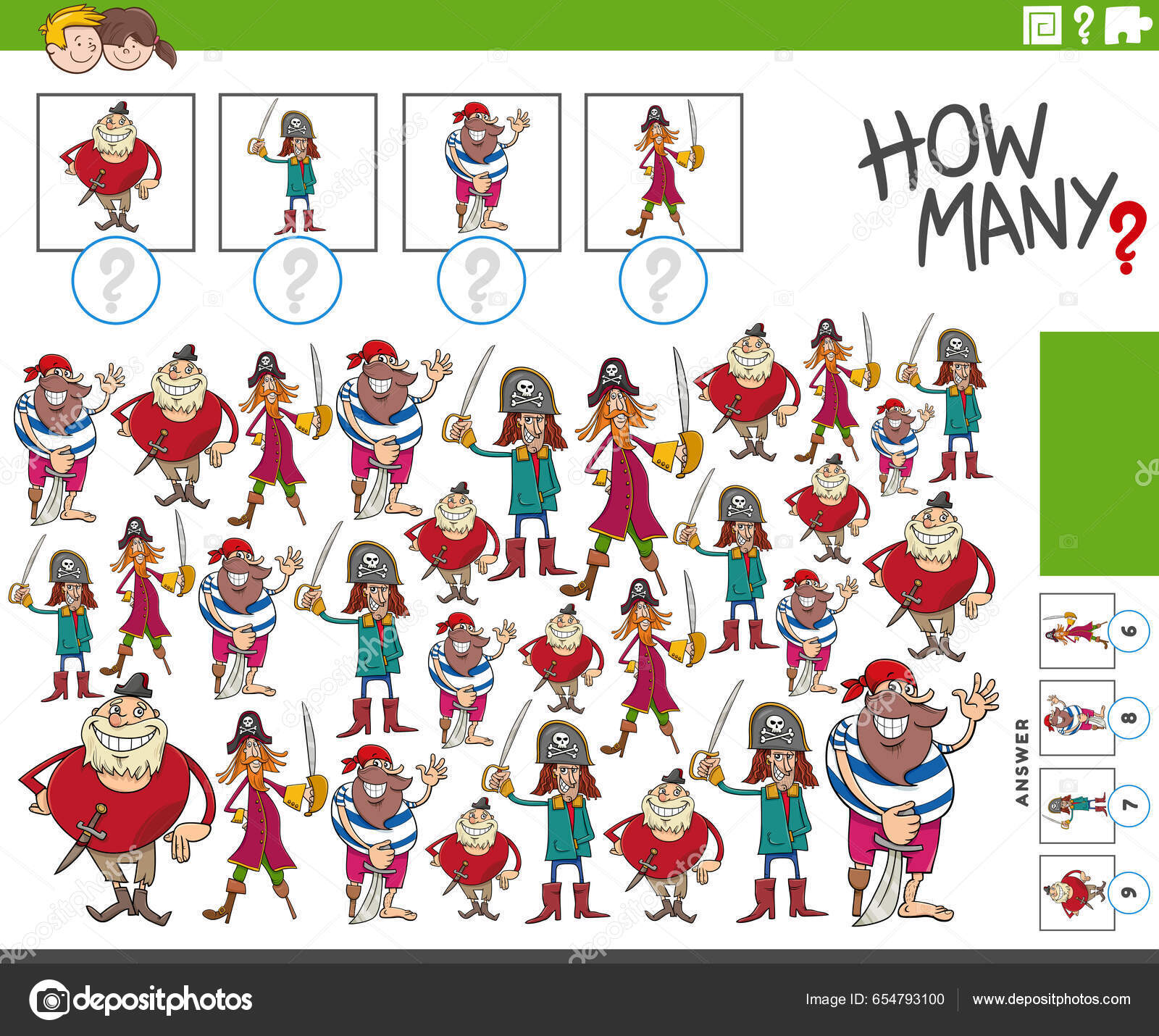 Ilustración Tareas Conteo Educativo Con Divertidos Personajes Piratas  Dibujos Animados Vector de stock #654793100 de ©izakowski, image size:1600x1430