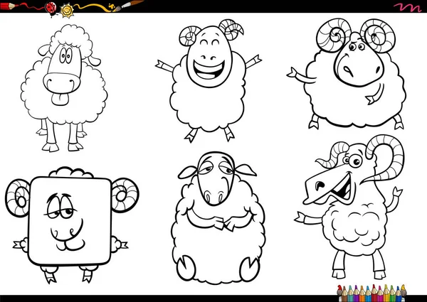 Illustration Bande Dessinée Noir Blanc Moutons Animaux Ferme Personnages Comiques — Image vectorielle