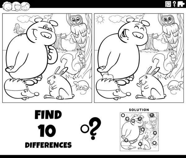 黑白卡通图解发现具有滑稽动物角色色彩页面的图画教育游戏的差异 — 图库矢量图片