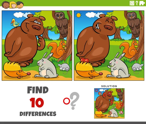 Cartoon Illustration Finding Differences Pictures Educational Game Animal Characters — Archivo Imágenes Vectoriales