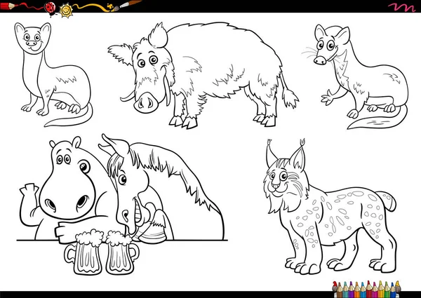 Illustrazione Bianco Nero Del Cartone Animato Animali Selvatici Personaggi Fumetti — Vettoriale Stock