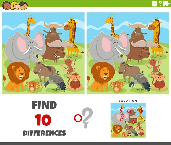 Cartoon Illustration Finding Differences Pictures Educational Game Animal Characters — Stockvektor