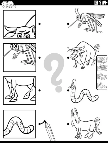 Černobílé Kreslené Ilustrace Vzdělávací Odpovídající Hra Zvířecími Postavami Obrázky Výstřižky — Stockový vektor