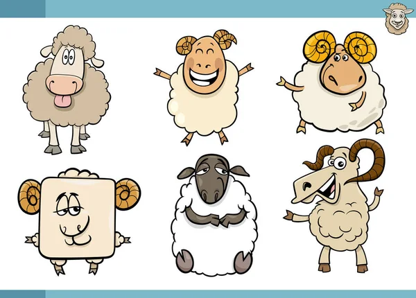 Zeichentrick Illustration Von Schafen Bauernhof Tiere Comic Figuren Gesetzt — Stockvektor