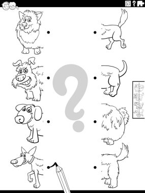 Black and white cartoon illustration of educational task of matching halves of pictures with funny dogs animals characters coloring page