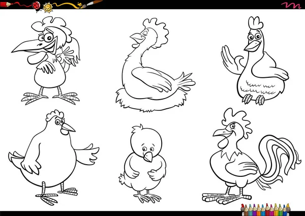 Illustrazione Bianco Nero Del Cartone Animato Uccelli Pollo Fattoria Animali — Vettoriale Stock
