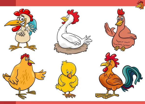 Мультфильм Иллюстрации Цыплят Птицы Фермы Животных Символов Набор — стоковый вектор