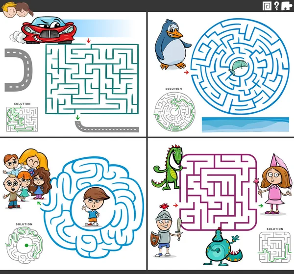 Desenhos Animados Ilustração Jogos Quebra Cabeça Labirinto Educacional Definido Com — Vetor de Stock