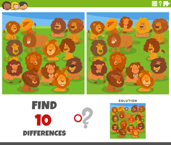 Cartoon Illustration Finding Differences Pictures Educational Game Funny Lions Animal — Stockvector