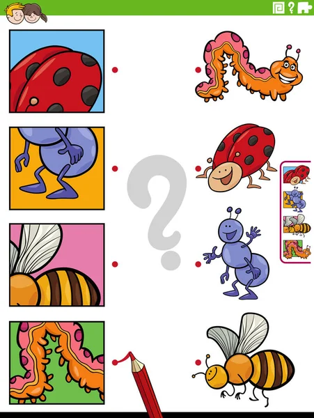 Cartoon Illustration Educational Matching Game Insects Animal Characters Pictures Clippings — Stock Vector