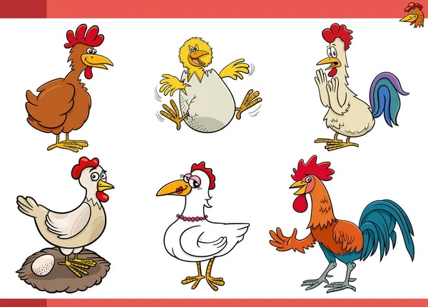 Cartoon Illustratie Van Kippen Vogels Boerderij Dieren Personages Set — Stockvector