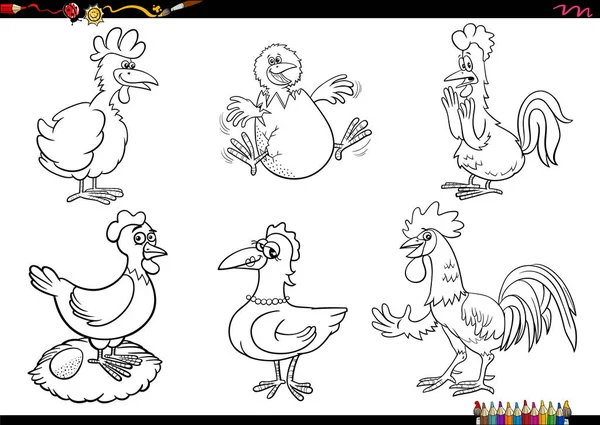Zwart Wit Cartoon Illustratie Van Kippenboerderij Dierlijke Karakters Set Kleurplaten — Stockvector