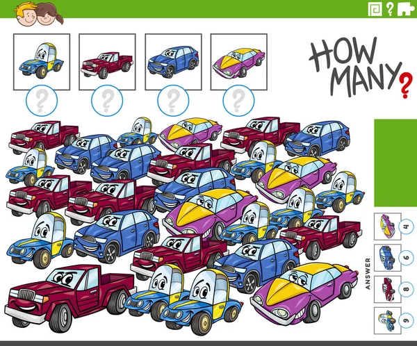 面白い漫画の車のキャラクターと教育カウントゲームのイラスト — ストックベクタ