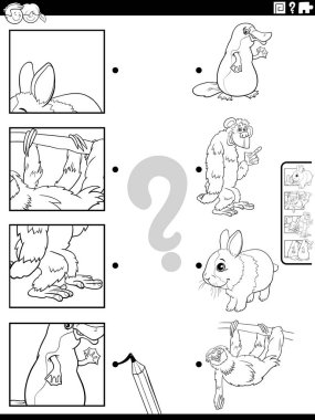 Eğitim eşleştirme oyununun hayvan karakterleri ve resim kesme sayfası boyama ile ilgili siyah beyaz çizgi film çizimi
