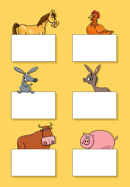 Γελοιογραφία Απεικόνιση Των Αστείων Ζώων Αγρόκτημα Λευκές Κάρτες Πανό Σύνολο — Διανυσματικό Αρχείο