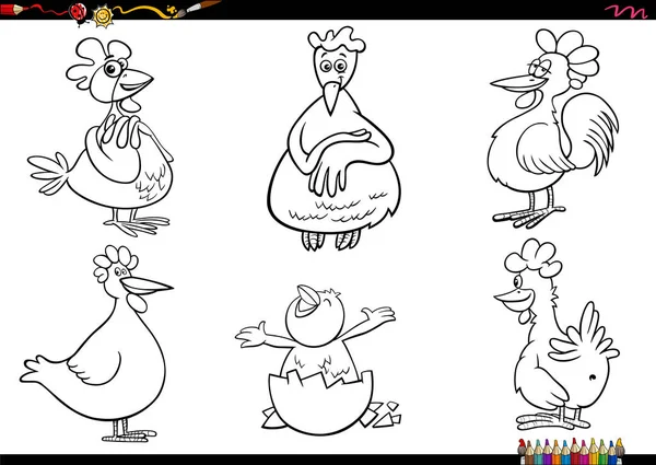 Fekete Fehér Rajzfilm Illusztráció Csirke Farm Állat Karakterek Készlet Színező — Stock Vector