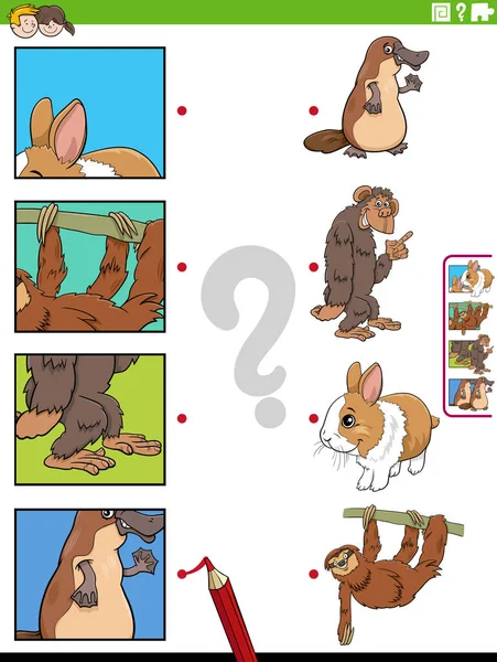 Ilustracja Kreskówki Dopasowania Gry Edukacyjnej Zwierzętami Znaków Zdjęć Wycinków — Wektor stockowy