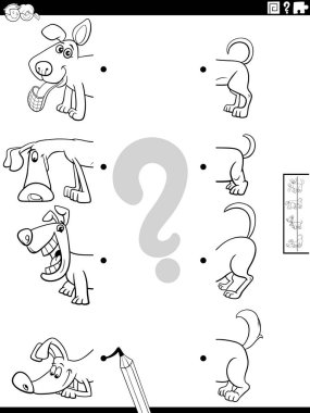 Black and white cartoon illustration of educational task of matching halves of pictures with funny dogs animals characters coloring page