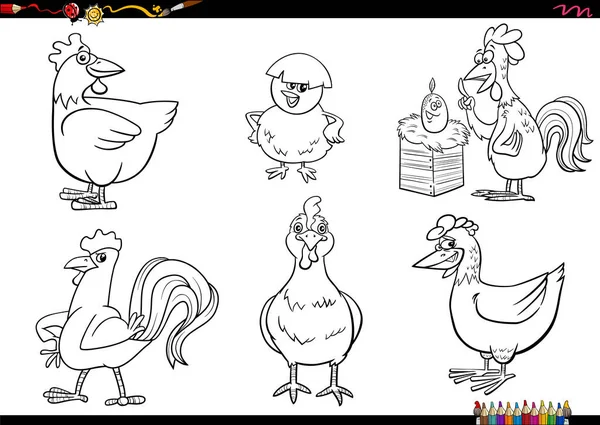 Illustration Noir Blanc Personnages Animaux Élevage Poulets Coloriage — Image vectorielle