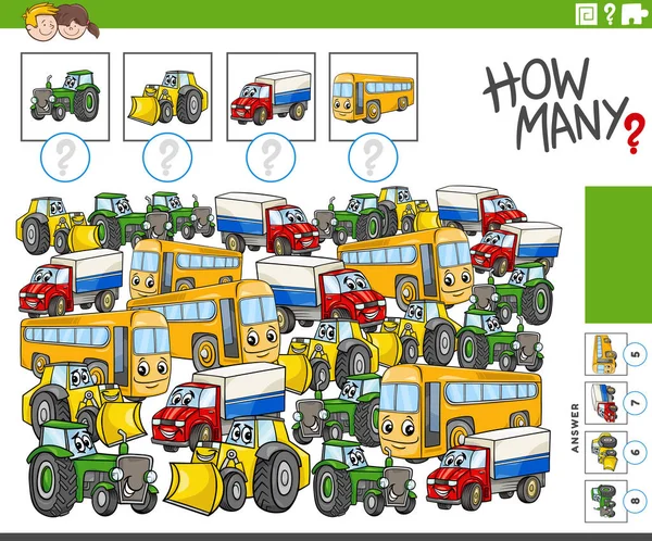 Ilustracja Edukacyjnej Gry Liczenia Zabawnymi Postaciami Kreskówek Pojazdów — Wektor stockowy