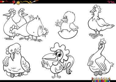 Tavuk çiftliği hayvan karakterlerinin siyah beyaz çizimi boyama sayfasını ayarlar