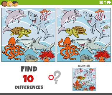 Deniz hayvanı karakterleriyle resim eğitimi oyunu arasındaki farkları gösteren karikatür çizimi