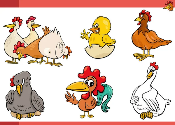 Tecknad Illustration Kycklingar Gård Fåglar Tecken Som — Stock vektor