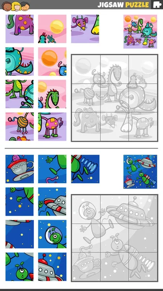 Cartoon Illustration Educational Jigsaw Puzzle Games Set Fantasy Characters — Vetor de Stock