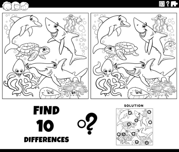海洋動物のキャラクターの着色ページと絵教育ゲームの違いを見つけるの黒と白の漫画のイラスト — ストックベクタ