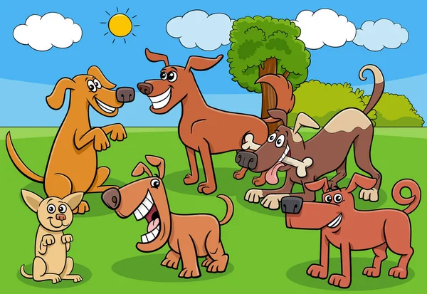 Cartoon Illustration Funny Dogs Puppies Animal Characters Group Meadow — Stock Vector