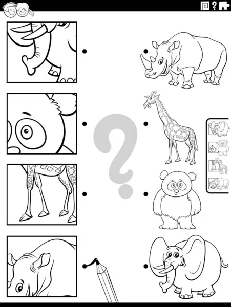 Černobílé Kreslené Ilustrace Vzdělávací Odpovídající Hra Divoké Zvířecí Postavy Obrázky — Stockový vektor