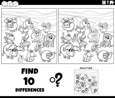 Black and white cartoon illustration of finding the differences between pictures educational game with animal characters coloring page