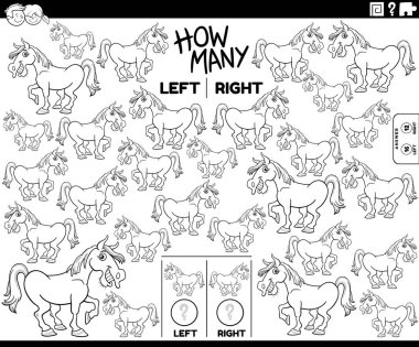 Bir at çiftliği hayvanının karakter boyama sayfasının sol ve sağ odaklı resimlerinin eğitici oyununun siyah ve beyaz çizimi