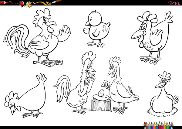 Zwart Wit Cartoon Illustratie Van Kippenboerderij Dierlijke Karakters Set Kleurplaten — Stockvector