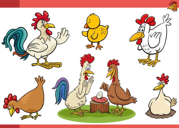 Cartoon Illustration Von Hühnern Bauernhof Vögel Zeichen Gesetzt — Stockvektor