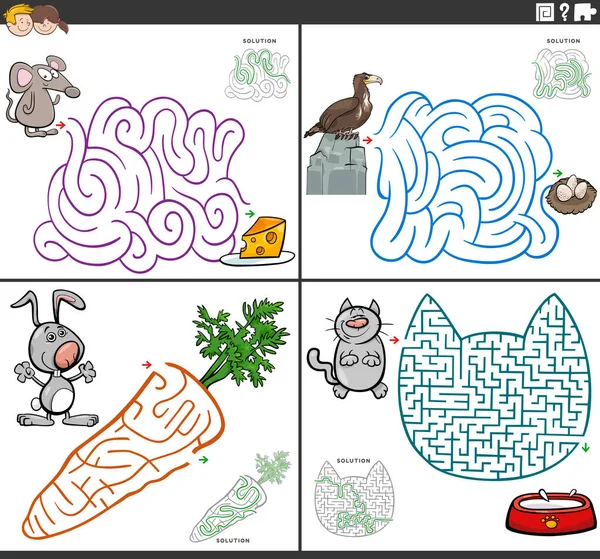 Cartoon Illustration Educational Maze Puzzle Games Set Comic Animal Characters — Stock Vector