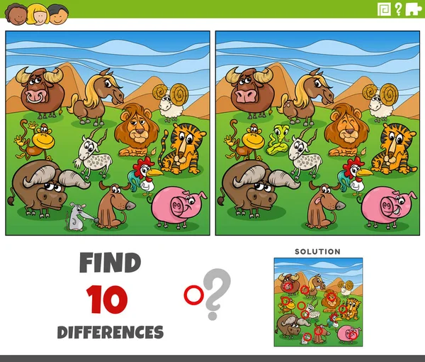 Cartoon Illustration Finding Differences Pictures Educational Game Animal Characters — Wektor stockowy