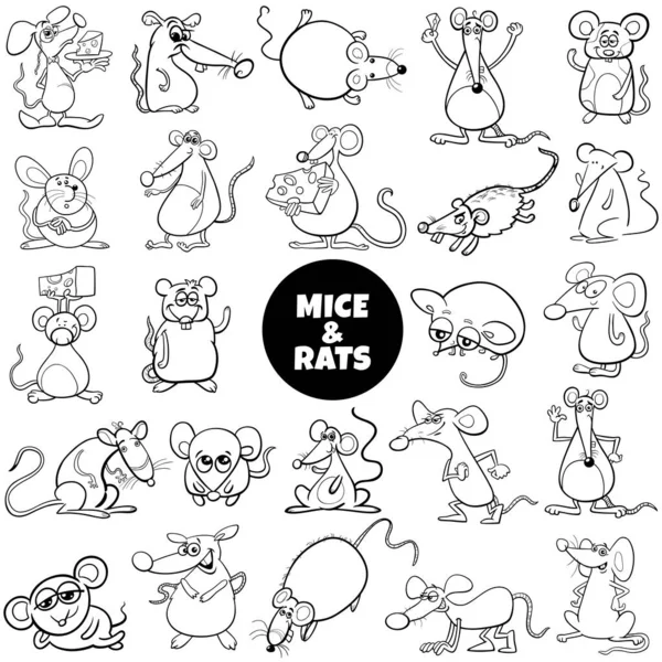 Desenho Animado Preto Branco Ilustração Ratos Ratos Personagens Animais Grande — Vetor de Stock