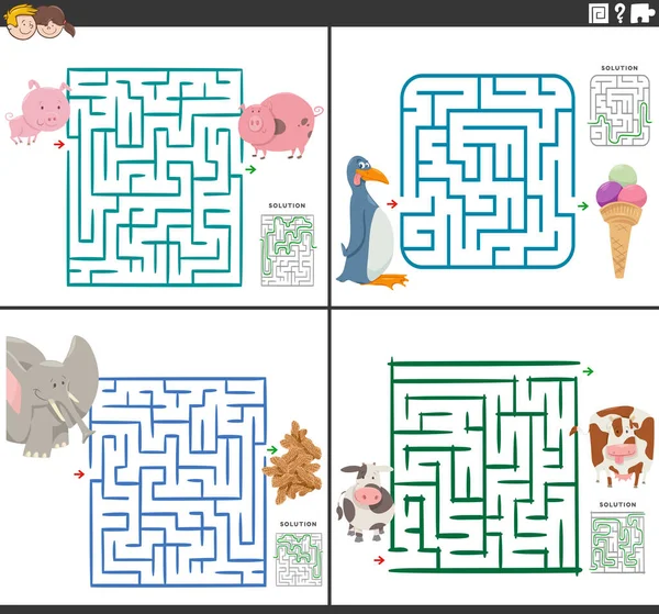 Illustrazione Dei Cartoni Animati Giochi Puzzle Labirinto Educativo Con Personaggi — Vettoriale Stock