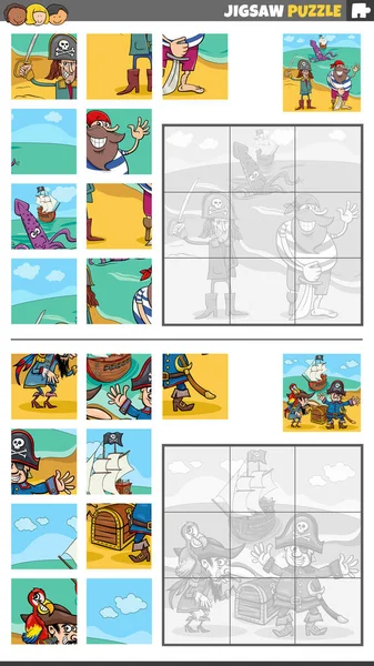 Ilustracja Kreskówki Edukacyjne Puzzle Układanki Zestaw Piratów Znaków Grupy — Wektor stockowy