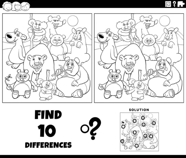 黑白相间的卡通画图解揭示了熊动物形象着色教育游戏的不同 — 图库矢量图片