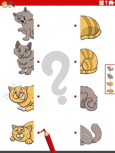 Kreskówka Ilustracja Zadania Edukacyjnego Dopasowanie Połówek Zdjęć Zabawnych Kotów Znaków — Wektor stockowy