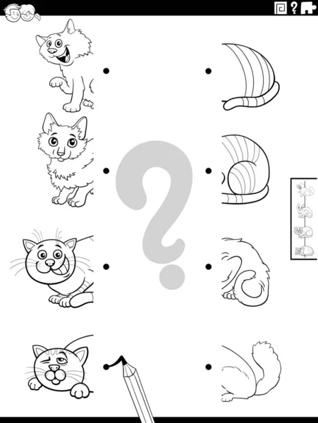 黒と白の漫画は面白い猫の動物の文字のページの着色と写真の半分を一致させる教育タスクのイラスト — ストックベクタ