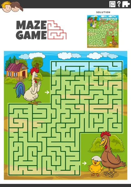 Illustration Dessin Animé Activité Puzzle Labyrinthe Éducatif Avec Des Poulets — Image vectorielle